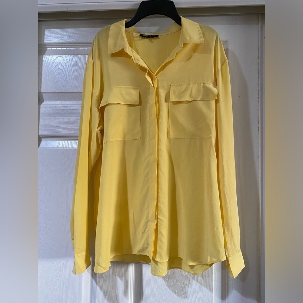 Lafayette 148 100% Silk Button Front Blouse Long Sleeve Relaxed Fit Yellow Large